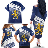 Personalized Finland One Nation One Culture Family Matching Off The Shoulder Long Sleeve Dress and Hawaiian Shirt A Crowned Lion with Flag
