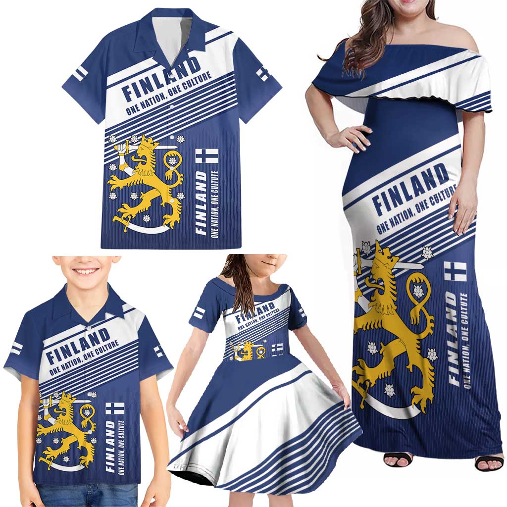 Personalized Finland One Nation One Culture Family Matching Off Shoulder Maxi Dress and Hawaiian Shirt A Crowned Lion with Flag