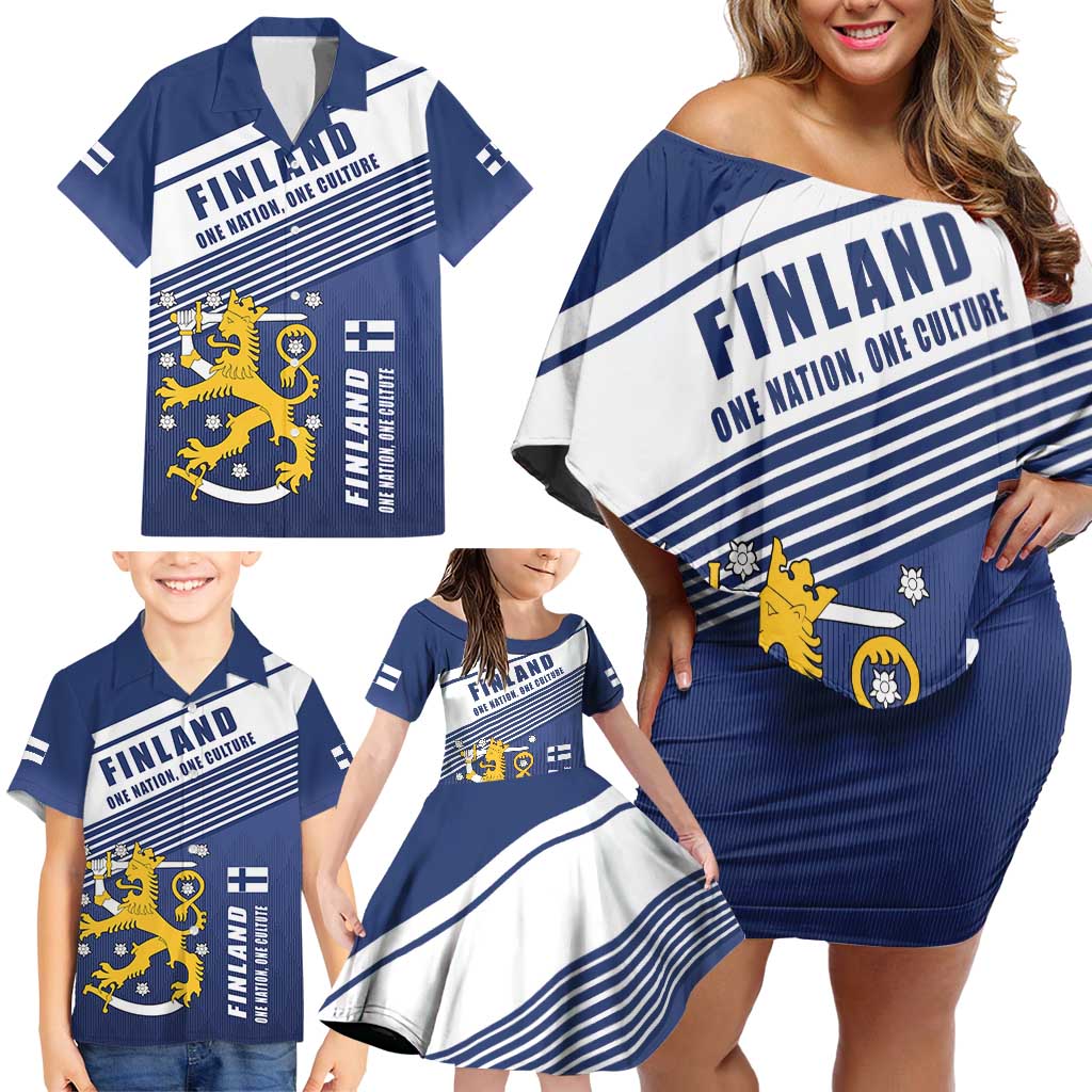 Personalized Finland One Nation One Culture Family Matching Off Shoulder Short Dress and Hawaiian Shirt A Crowned Lion with Flag