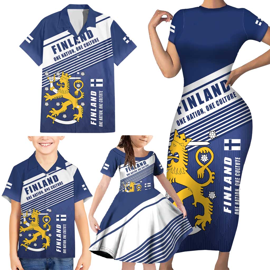 Personalized Finland One Nation One Culture Family Matching Short Sleeve Bodycon Dress and Hawaiian Shirt A Crowned Lion with Flag