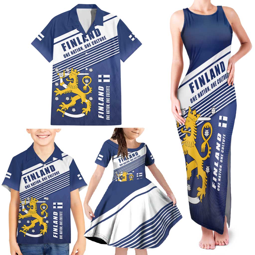 Personalized Finland One Nation One Culture Family Matching Tank Maxi Dress and Hawaiian Shirt A Crowned Lion with Flag