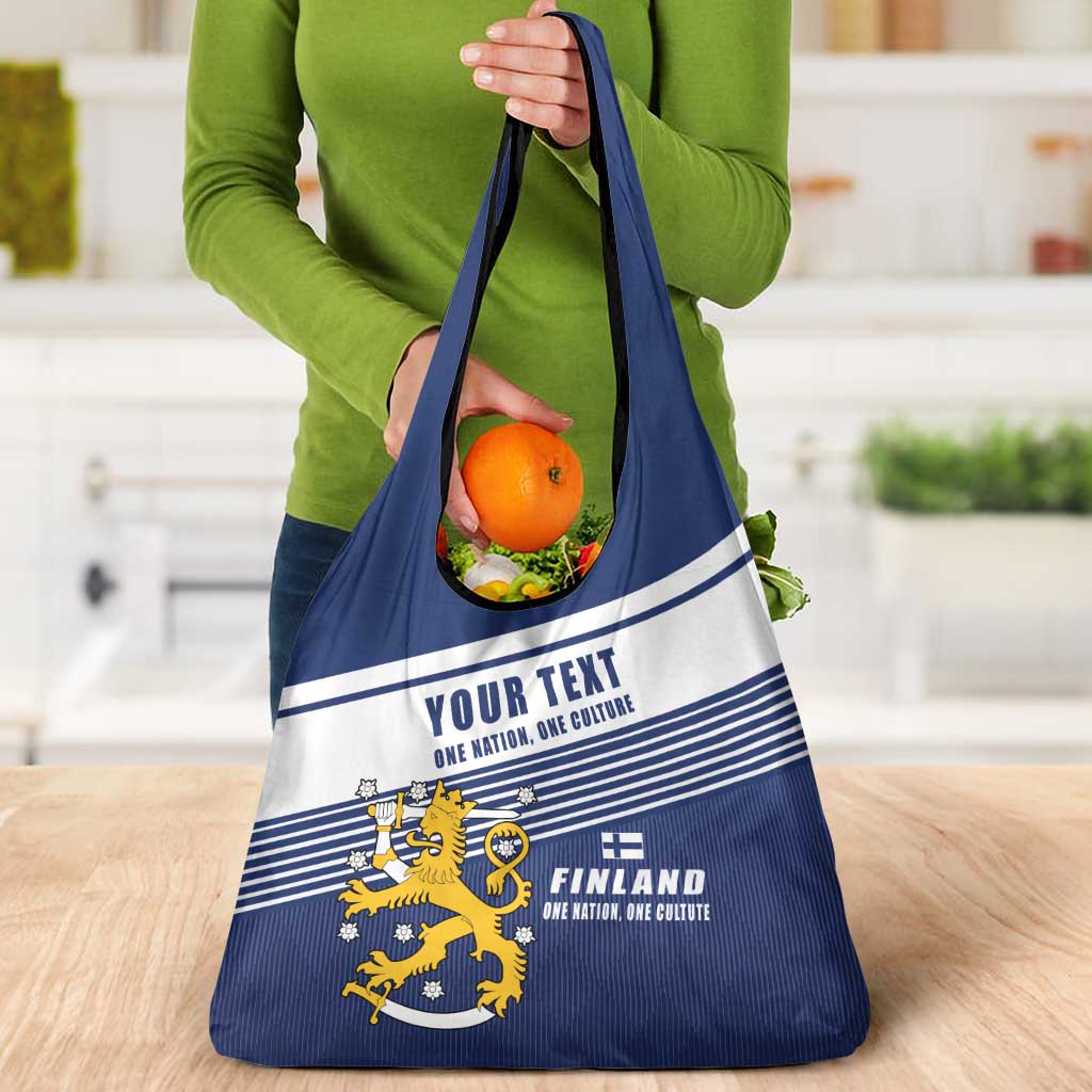 Personalized Finland One Nation One Culture Grocery Bag A Crowned Lion with Flag