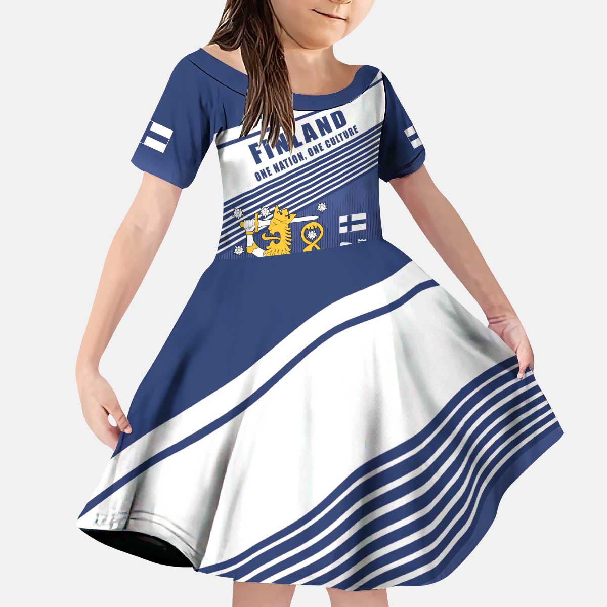 Personalized Finland One Nation One Culture Kid Short Sleeve Dress A Crowned Lion with Flag