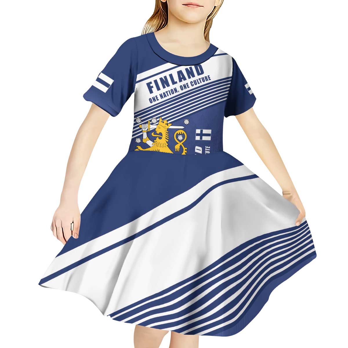 Personalized Finland One Nation One Culture Kid Short Sleeve Dress A Crowned Lion with Flag
