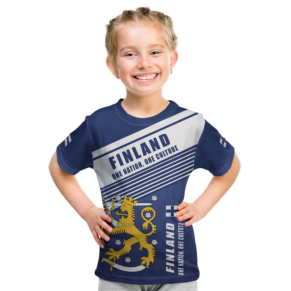 Personalized Finland One Nation One Culture Kid T Shirt A Crowned Lion with Flag