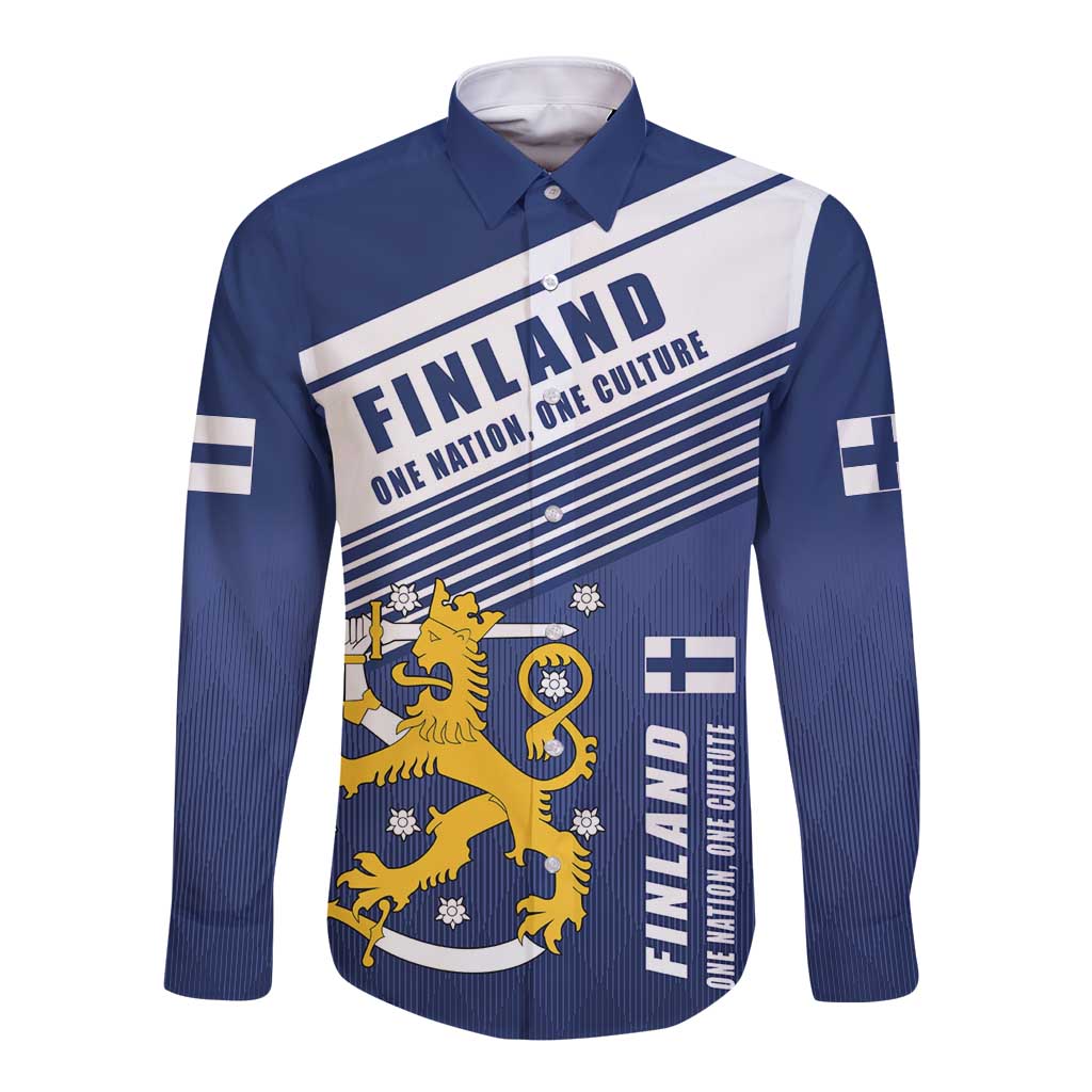 Personalized Finland One Nation One Culture Long Sleeve Button Shirt A Crowned Lion with Flag