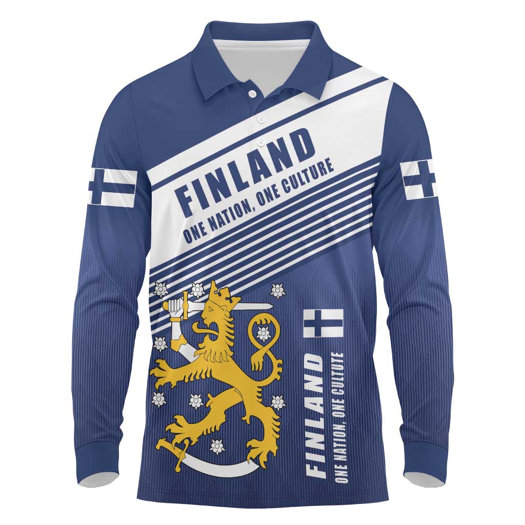 Personalized Finland One Nation One Culture Long Sleeve Polo Shirt A Crowned Lion with Flag