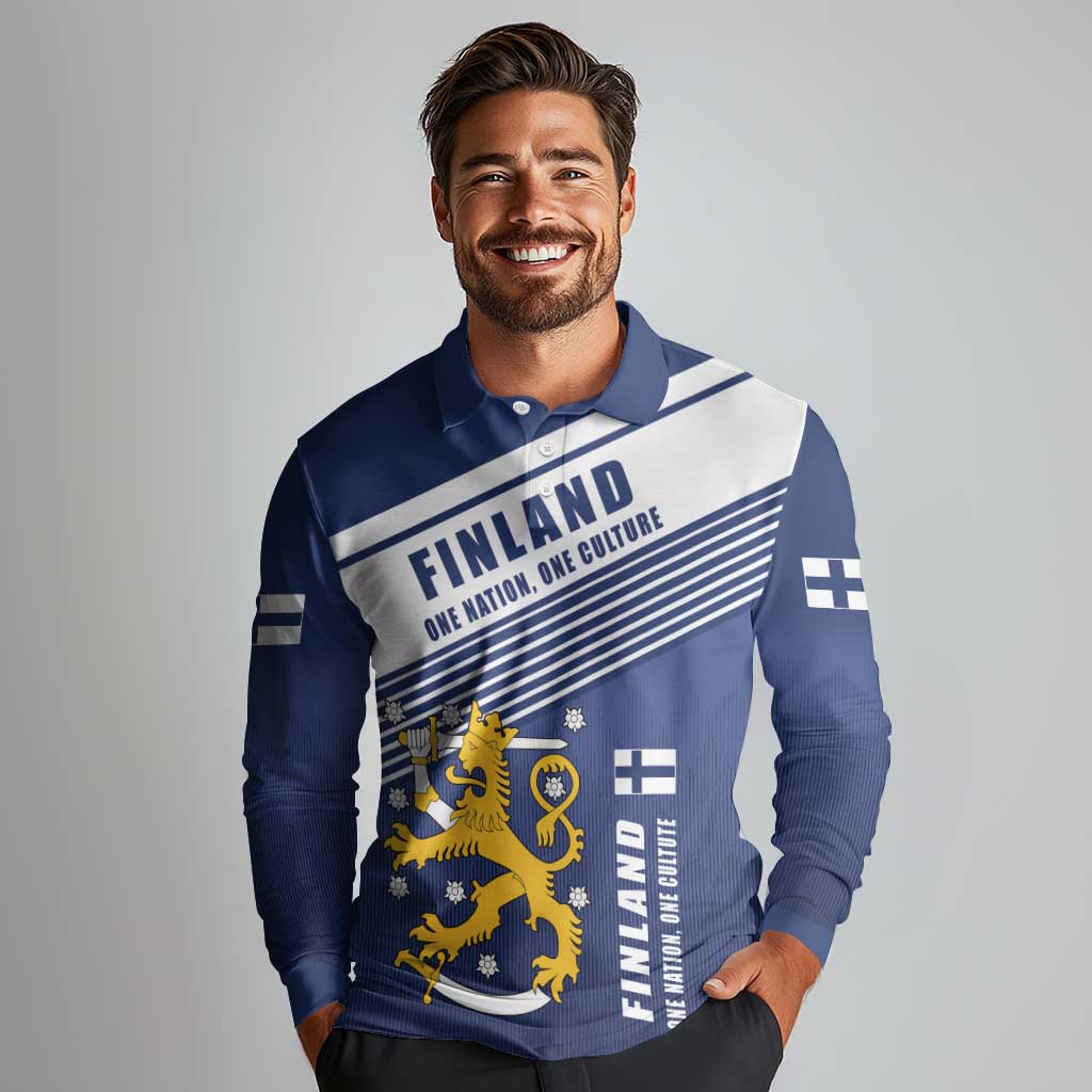 Personalized Finland One Nation One Culture Long Sleeve Polo Shirt A Crowned Lion with Flag