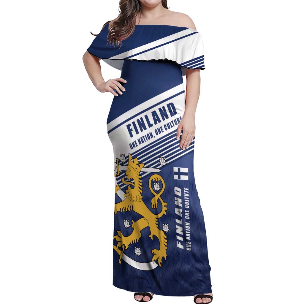 Personalized Finland One Nation One Culture Off Shoulder Maxi Dress A Crowned Lion with Flag