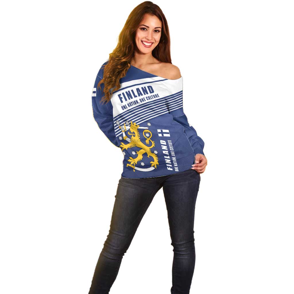 Personalized Finland One Nation One Culture Off Shoulder Sweater A Crowned Lion with Flag