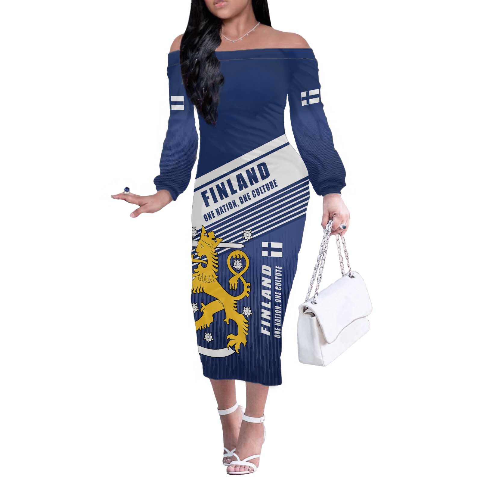 Personalized Finland One Nation One Culture Off The Shoulder Long Sleeve Dress A Crowned Lion with Flag