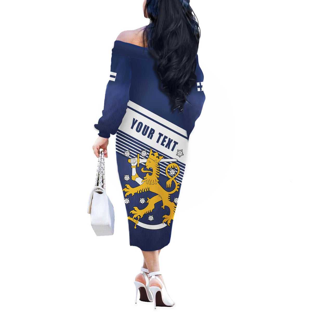 Personalized Finland One Nation One Culture Off The Shoulder Long Sleeve Dress A Crowned Lion with Flag