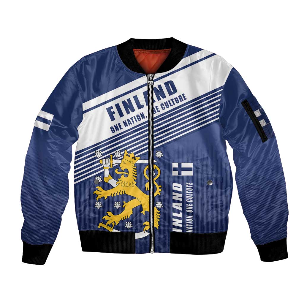 Personalized Finland One Nation One Culture Sleeve Zip Bomber Jacket A Crowned Lion with Flag