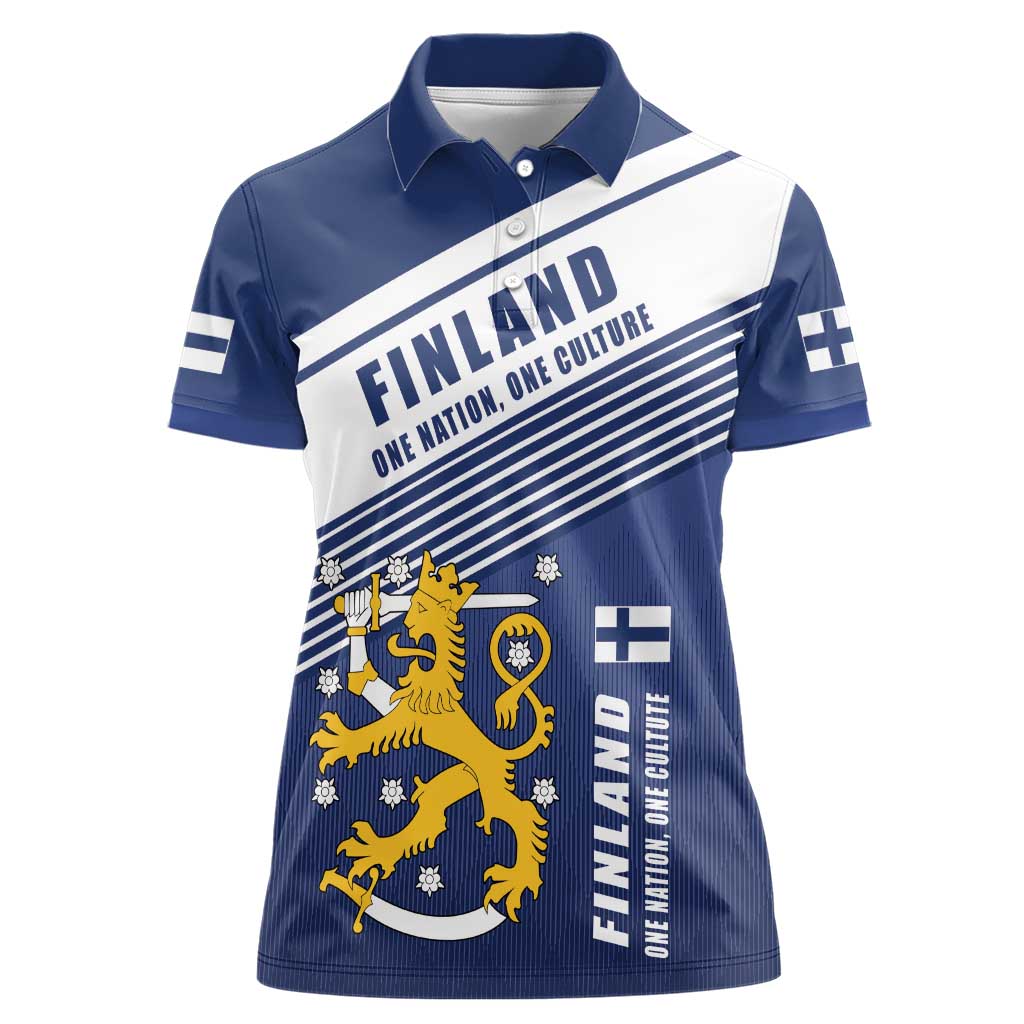 Personalized Finland One Nation One Culture Women Polo Shirt A Crowned Lion with Flag