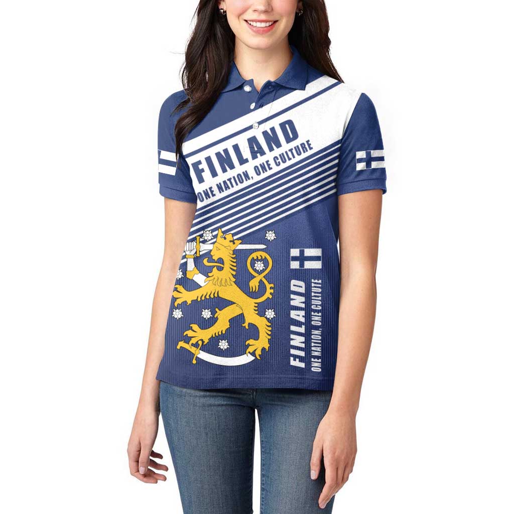 Personalized Finland One Nation One Culture Women Polo Shirt A Crowned Lion with Flag