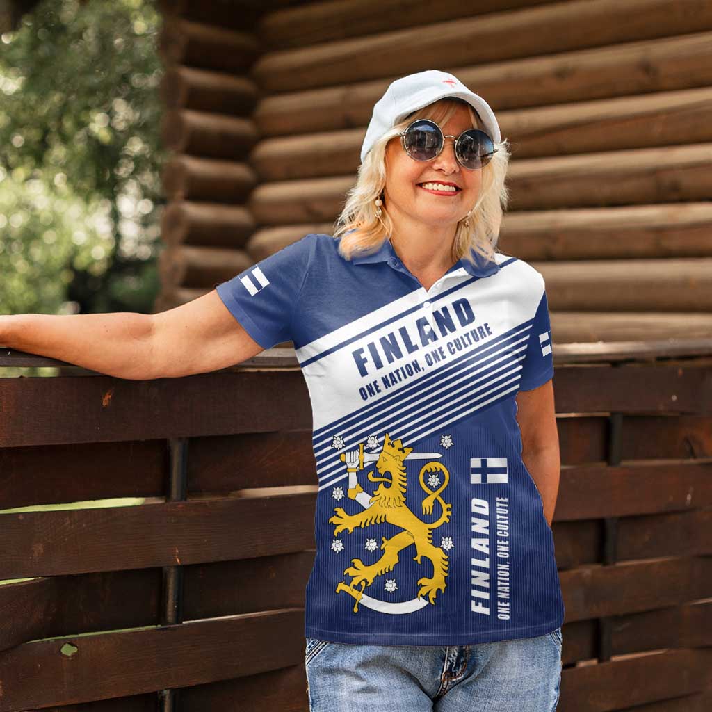 Personalized Finland One Nation One Culture Women Polo Shirt A Crowned Lion with Flag