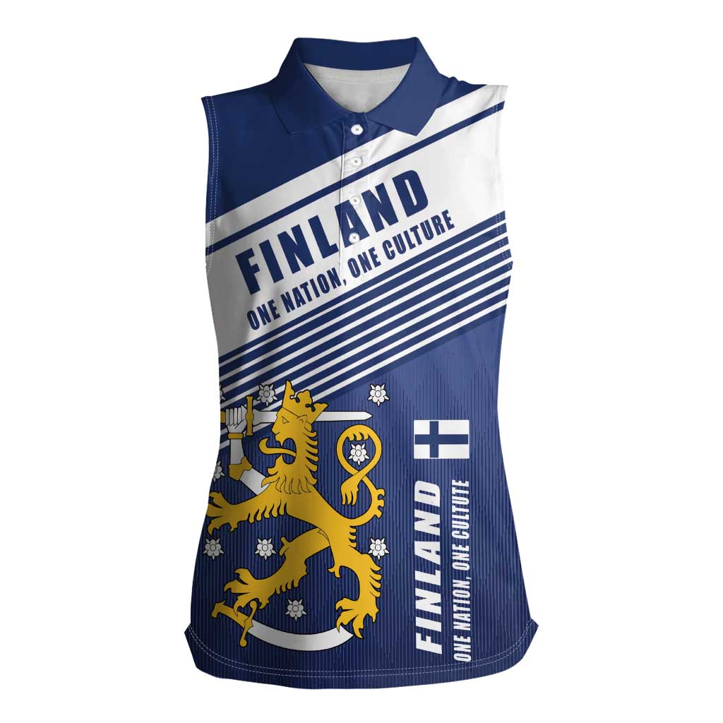 Personalized Finland One Nation One Culture Women Sleeveless Polo Shirt A Crowned Lion with Flag