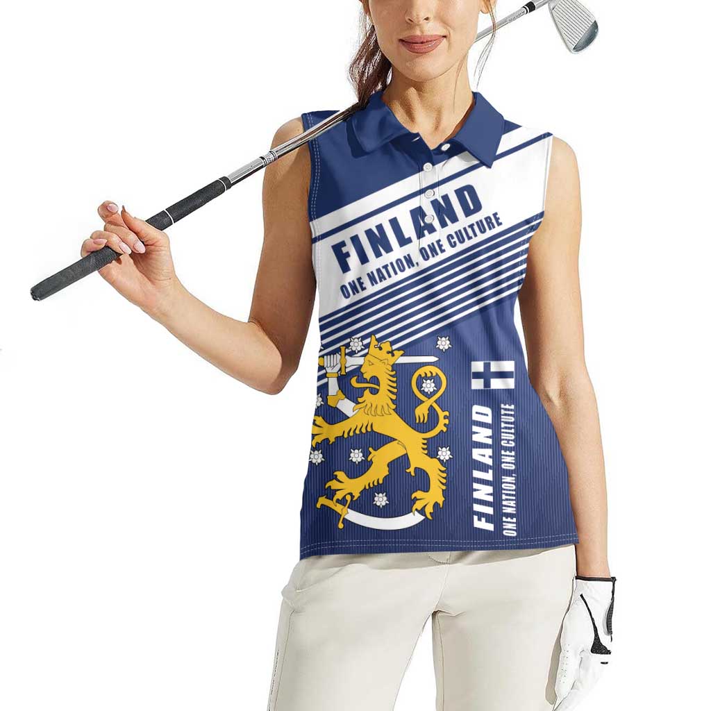 Personalized Finland One Nation One Culture Women Sleeveless Polo Shirt A Crowned Lion with Flag