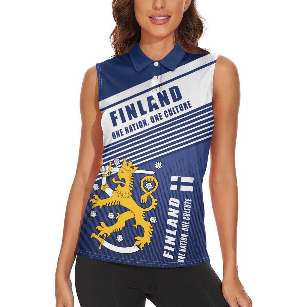 Personalized Finland One Nation One Culture Women Sleeveless Polo Shirt A Crowned Lion with Flag