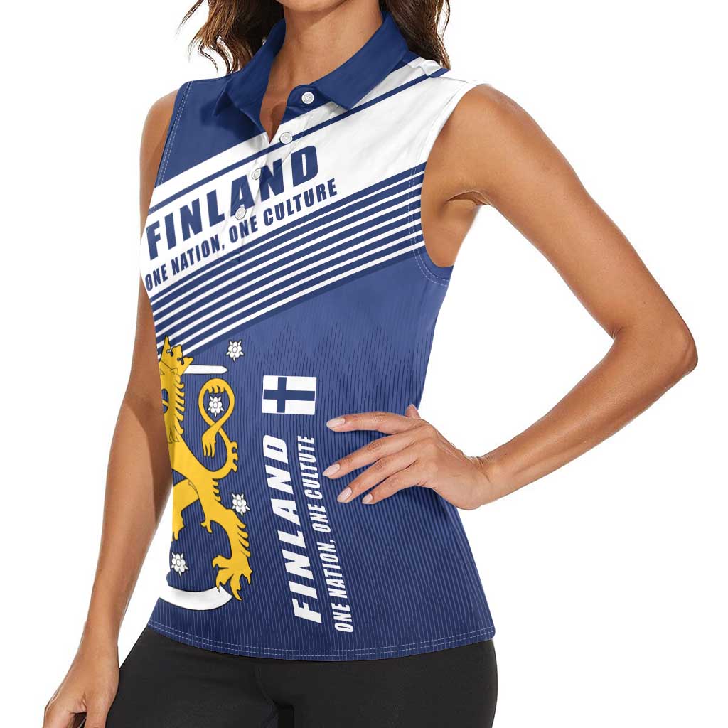 Personalized Finland One Nation One Culture Women Sleeveless Polo Shirt A Crowned Lion with Flag