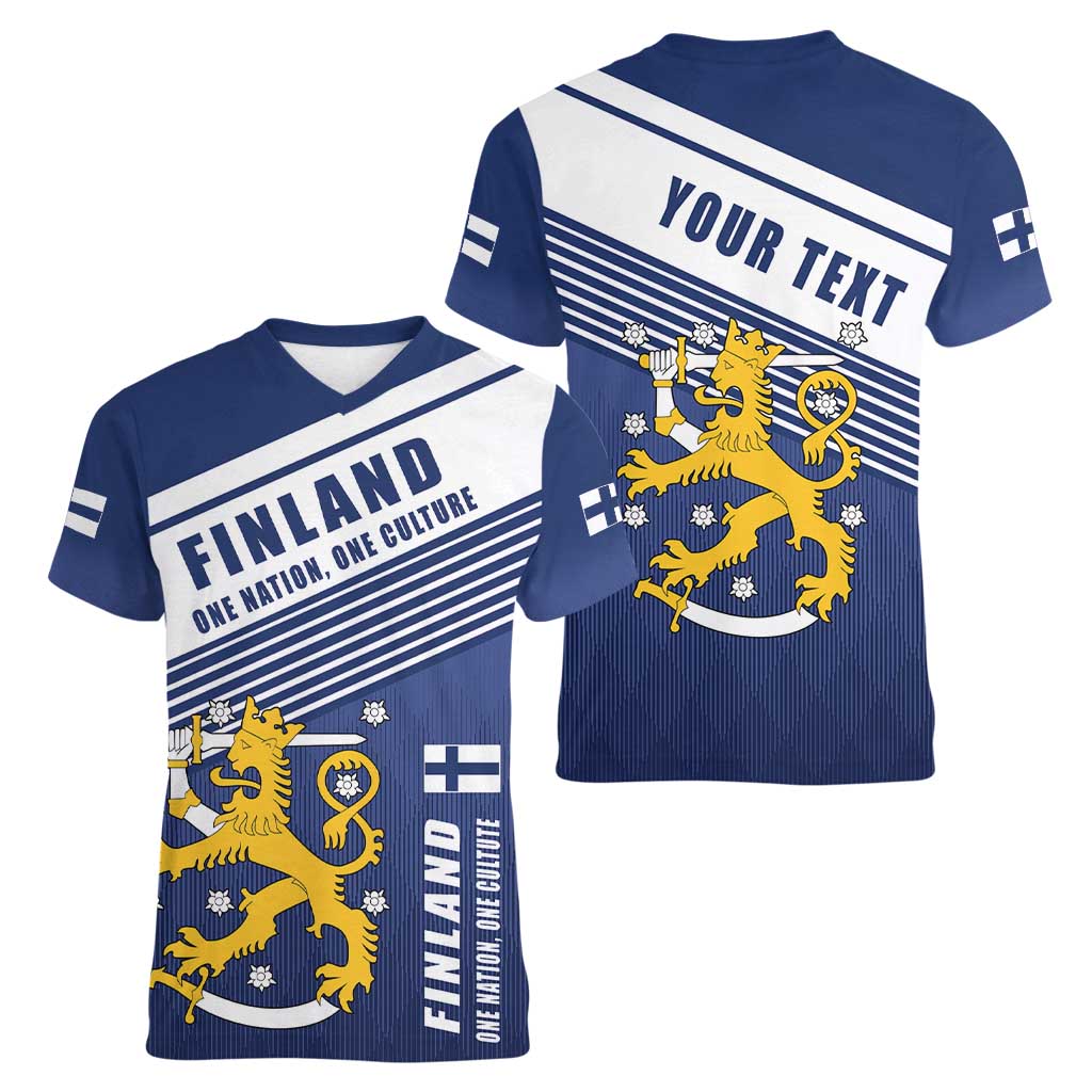 Personalized Finland One Nation One Culture Women V-Neck T-Shirt A Crowned Lion with Flag