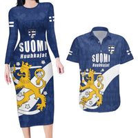 Custom Finland Football We are Champions Couples Matching Long Sleeve Bodycon Dress and Hawaiian Shirt Huuhkajat with Finnish Folk Paterns
