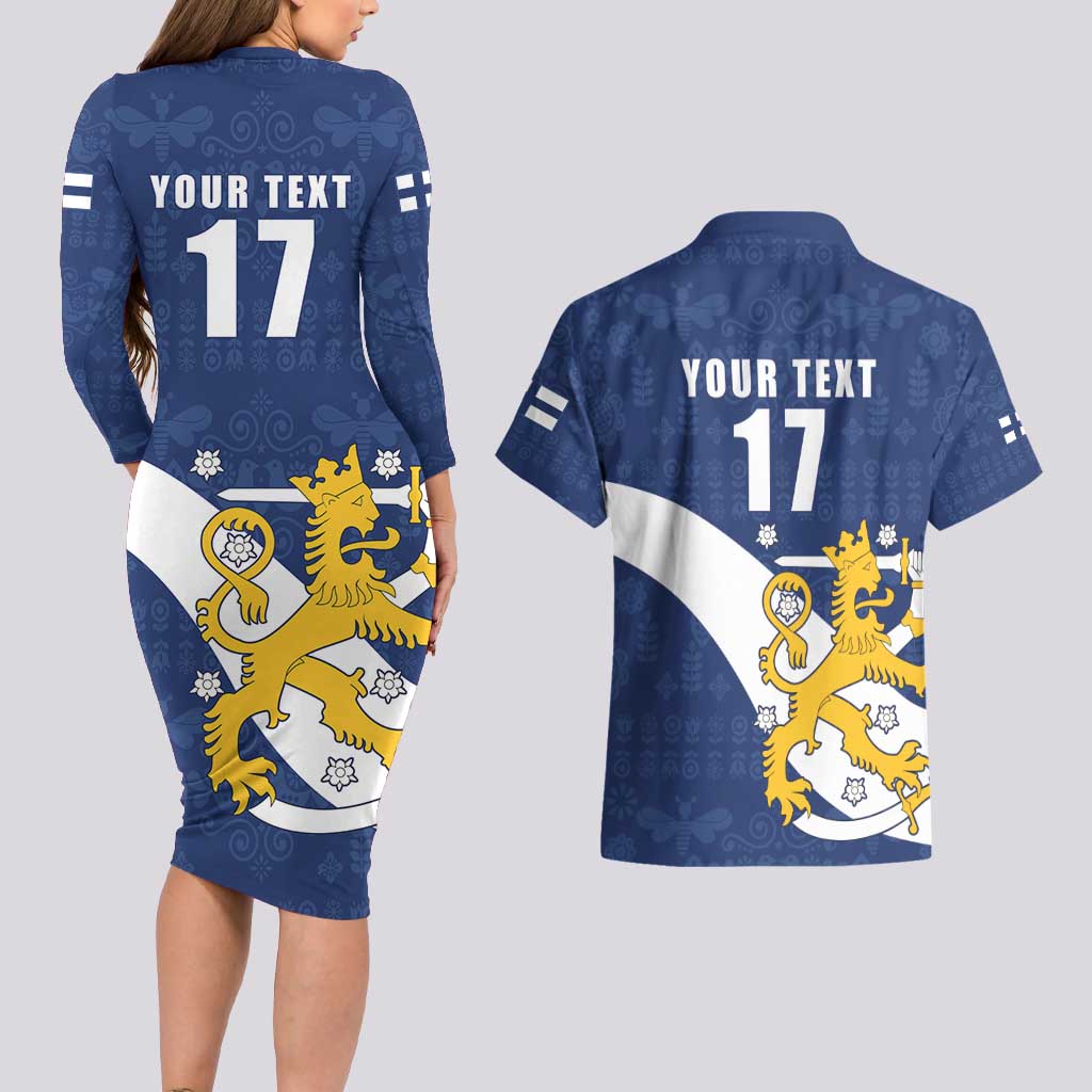 Custom Finland Football We are Champions Couples Matching Long Sleeve Bodycon Dress and Hawaiian Shirt Huuhkajat with Finnish Folk Paterns