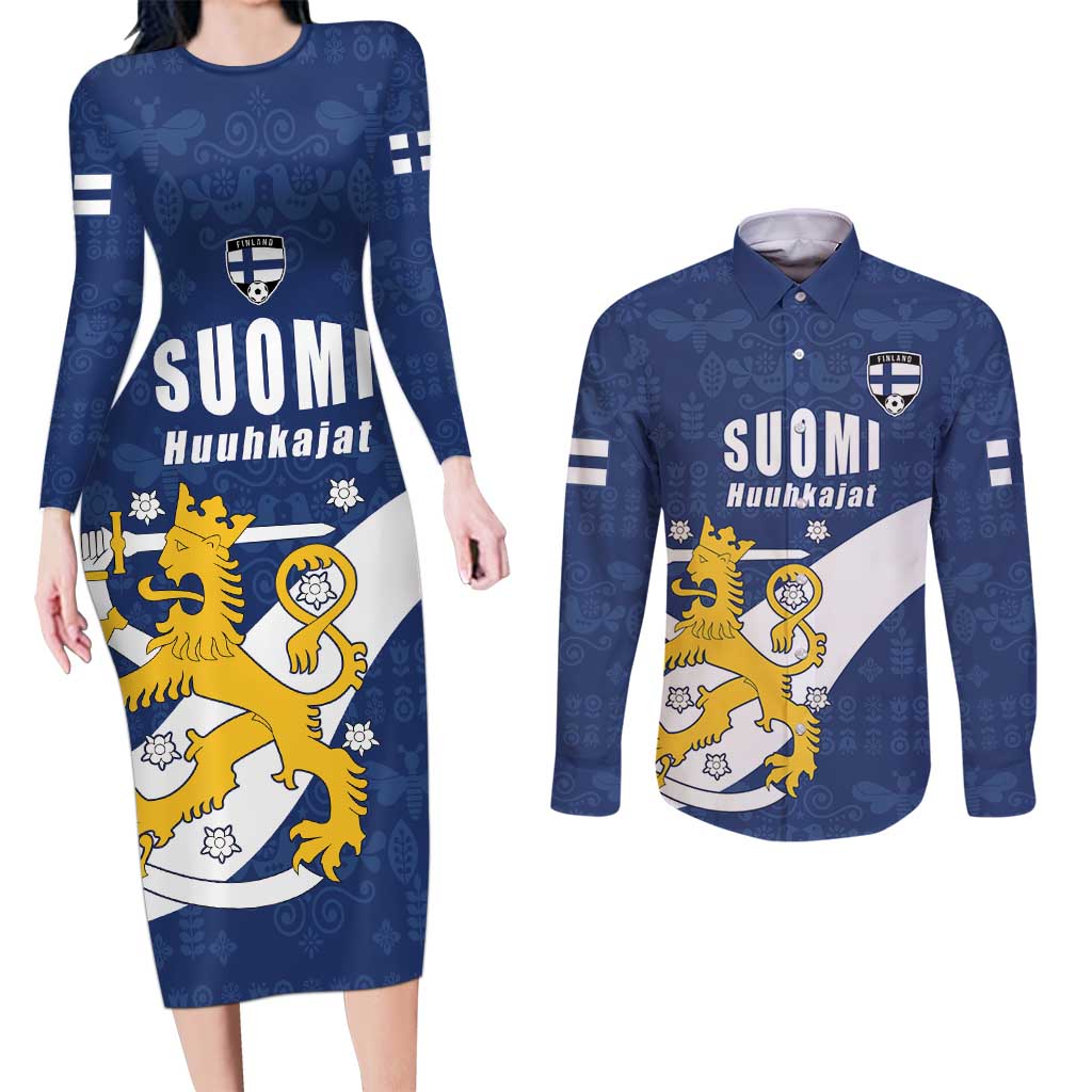 Custom Finland Football We are Champions Couples Matching Long Sleeve Bodycon Dress and Long Sleeve Button Shirt Huuhkajat with Finnish Folk Paterns