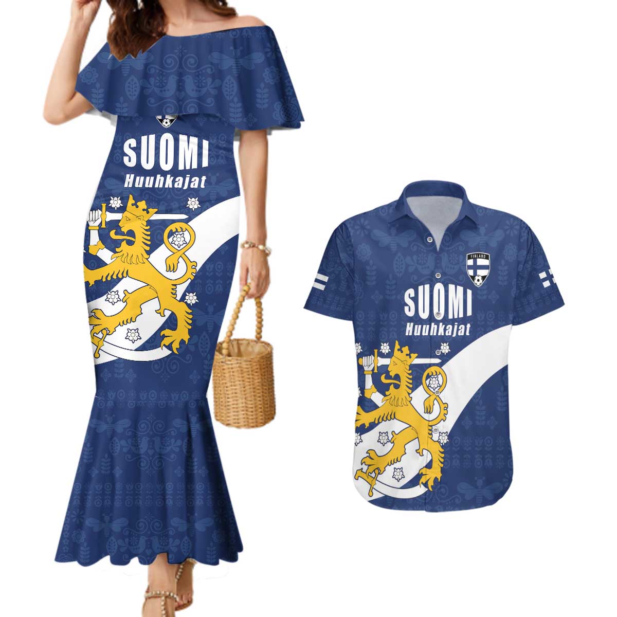 Custom Finland Football We are Champions Couples Matching Mermaid Dress and Hawaiian Shirt Huuhkajat with Finnish Folk Paterns