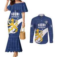 Custom Finland Football We are Champions Couples Matching Mermaid Dress and Long Sleeve Button Shirt Huuhkajat with Finnish Folk Paterns