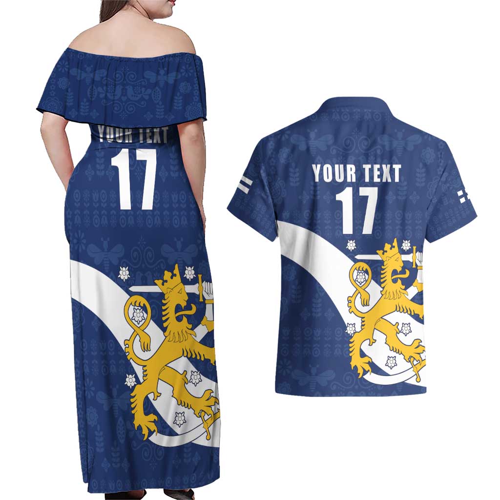 Custom Finland Football We are Champions Couples Matching Off Shoulder Maxi Dress and Hawaiian Shirt Huuhkajat with Finnish Folk Paterns