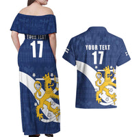 Custom Finland Football We are Champions Couples Matching Off Shoulder Maxi Dress and Hawaiian Shirt Huuhkajat with Finnish Folk Paterns