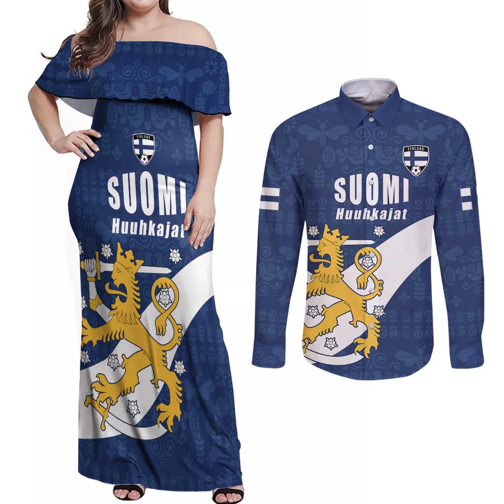 Custom Finland Football We are Champions Couples Matching Off Shoulder Maxi Dress and Long Sleeve Button Shirt Huuhkajat with Finnish Folk Paterns
