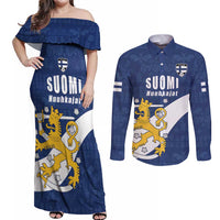 Custom Finland Football We are Champions Couples Matching Off Shoulder Maxi Dress and Long Sleeve Button Shirt Huuhkajat with Finnish Folk Paterns