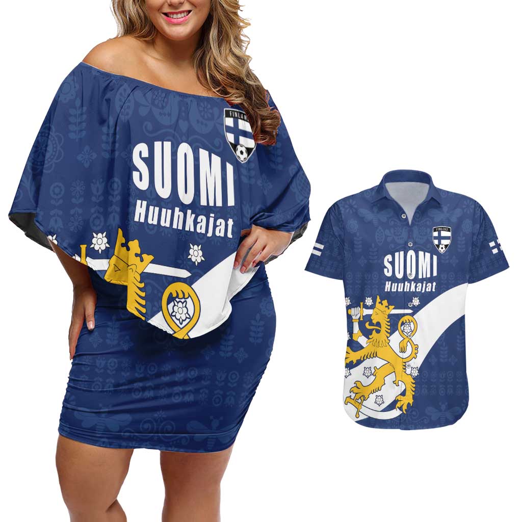 Custom Finland Football We are Champions Couples Matching Off Shoulder Short Dress and Hawaiian Shirt Huuhkajat with Finnish Folk Paterns