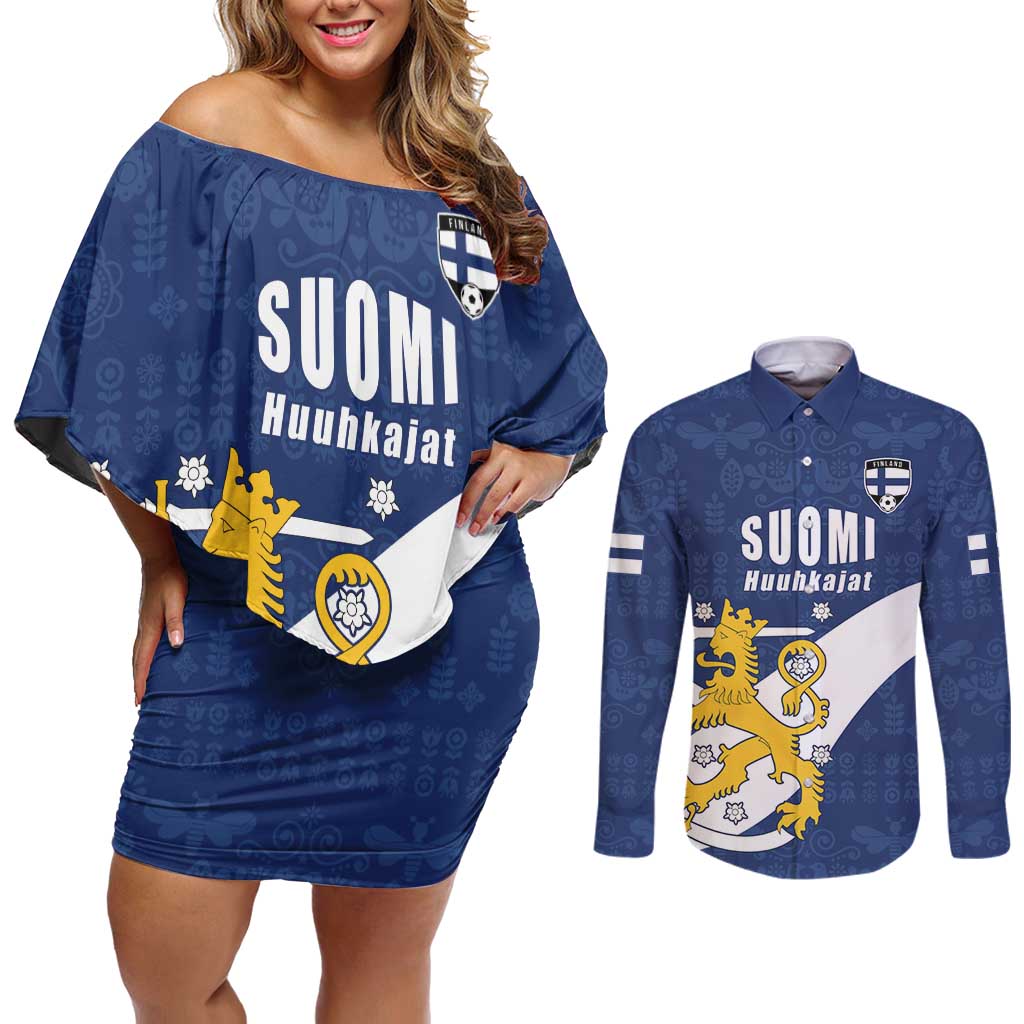 Custom Finland Football We are Champions Couples Matching Off Shoulder Short Dress and Long Sleeve Button Shirt Huuhkajat with Finnish Folk Paterns