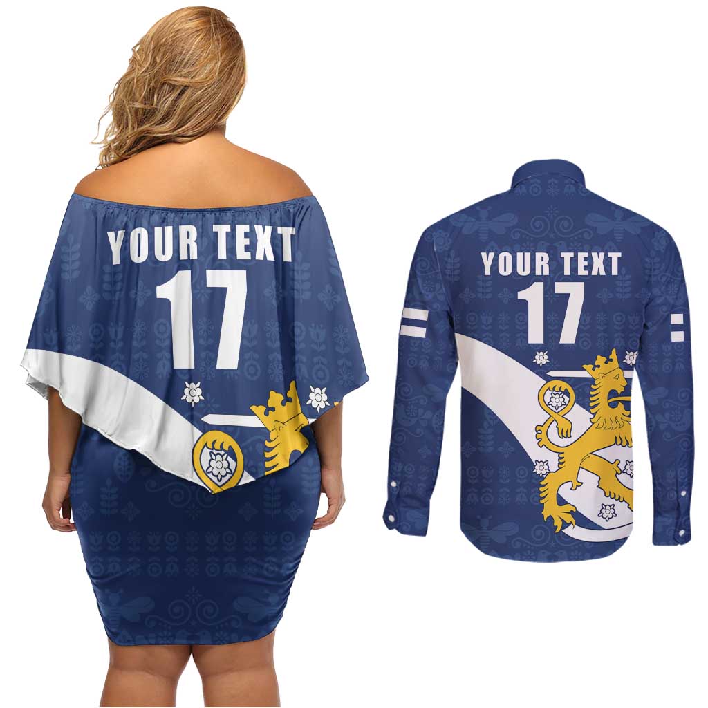 Custom Finland Football We are Champions Couples Matching Off Shoulder Short Dress and Long Sleeve Button Shirt Huuhkajat with Finnish Folk Paterns