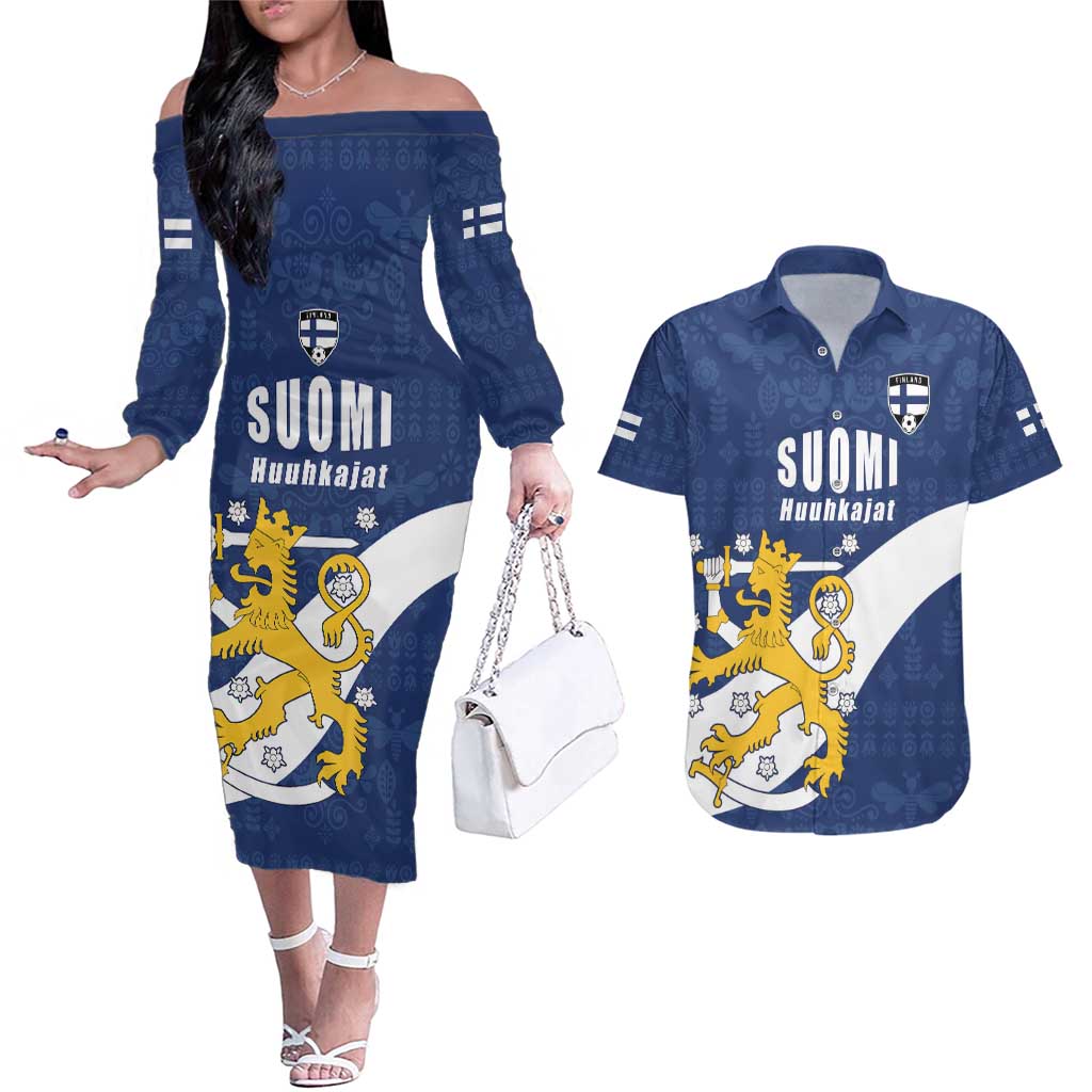 Custom Finland Football We are Champions Couples Matching Off The Shoulder Long Sleeve Dress and Hawaiian Shirt Huuhkajat with Finnish Folk Paterns