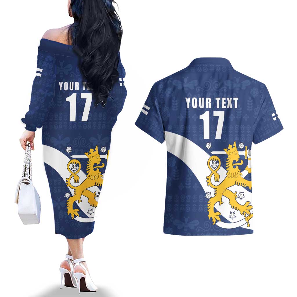 Custom Finland Football We are Champions Couples Matching Off The Shoulder Long Sleeve Dress and Hawaiian Shirt Huuhkajat with Finnish Folk Paterns