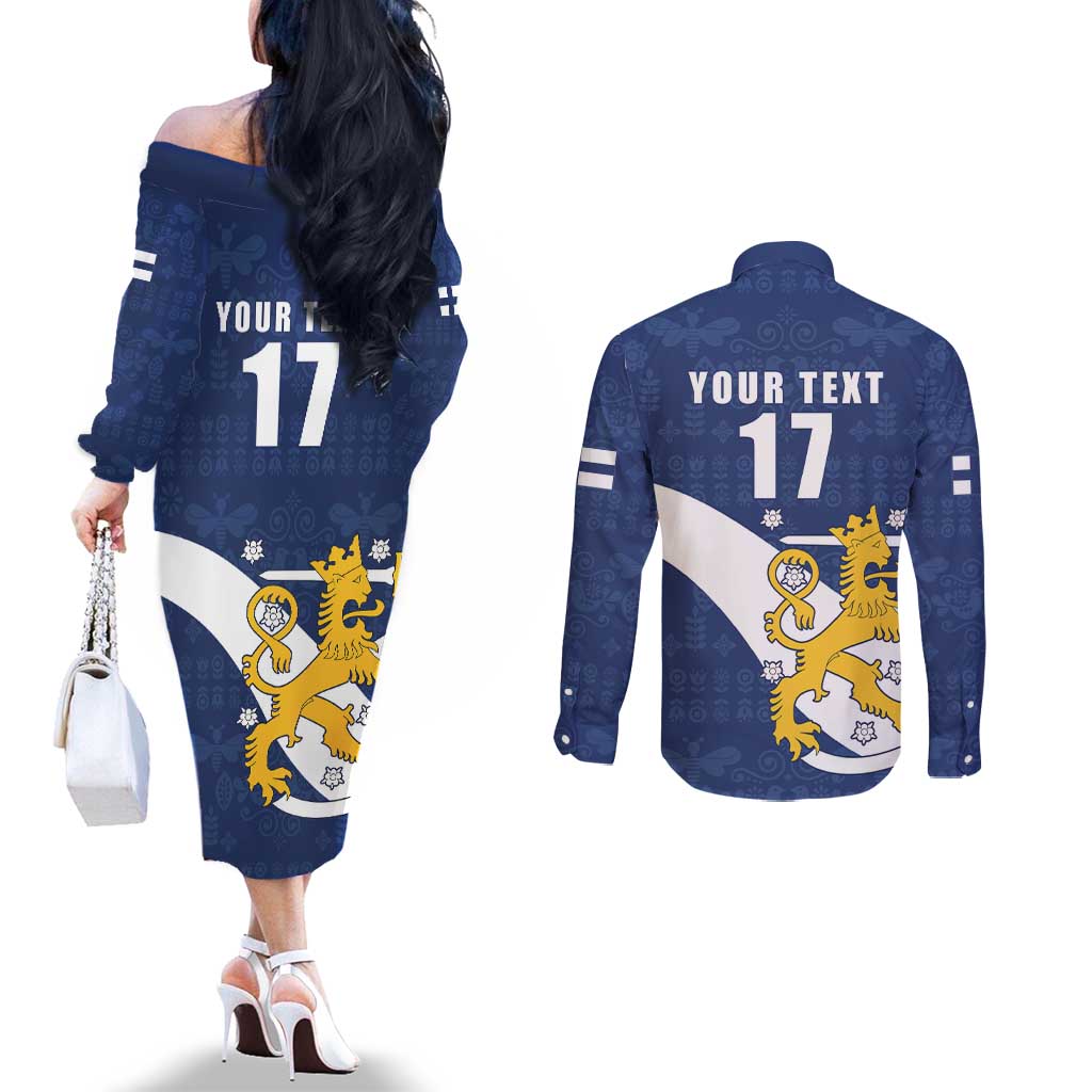 Custom Finland Football We are Champions Couples Matching Off The Shoulder Long Sleeve Dress and Long Sleeve Button Shirt Huuhkajat with Finnish Folk Paterns