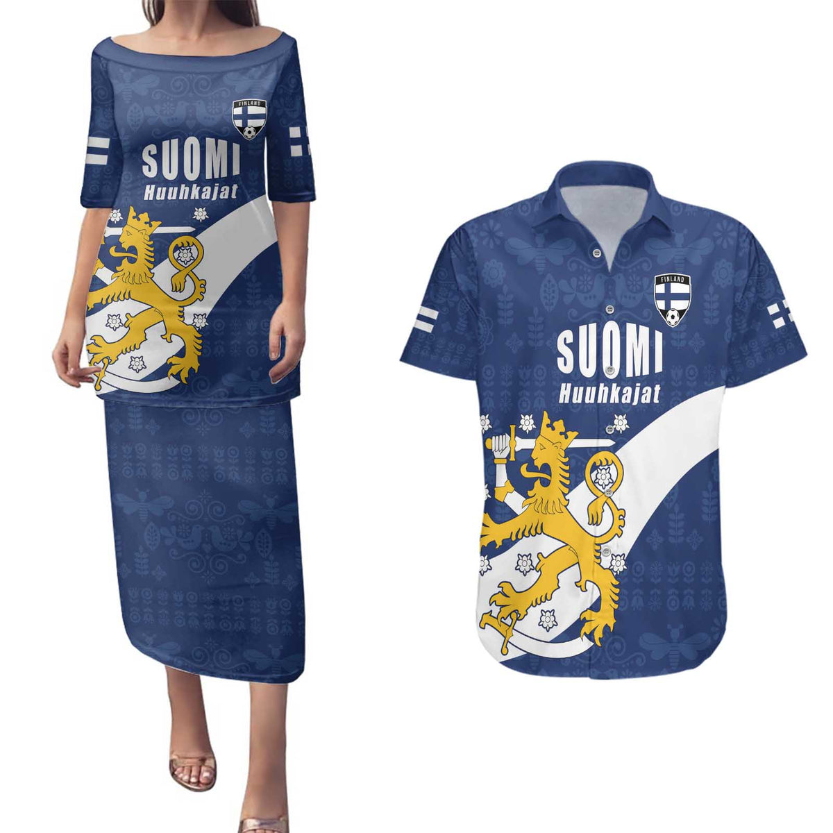Custom Finland Football We are Champions Couples Matching Puletasi and Hawaiian Shirt Huuhkajat with Finnish Folk Paterns