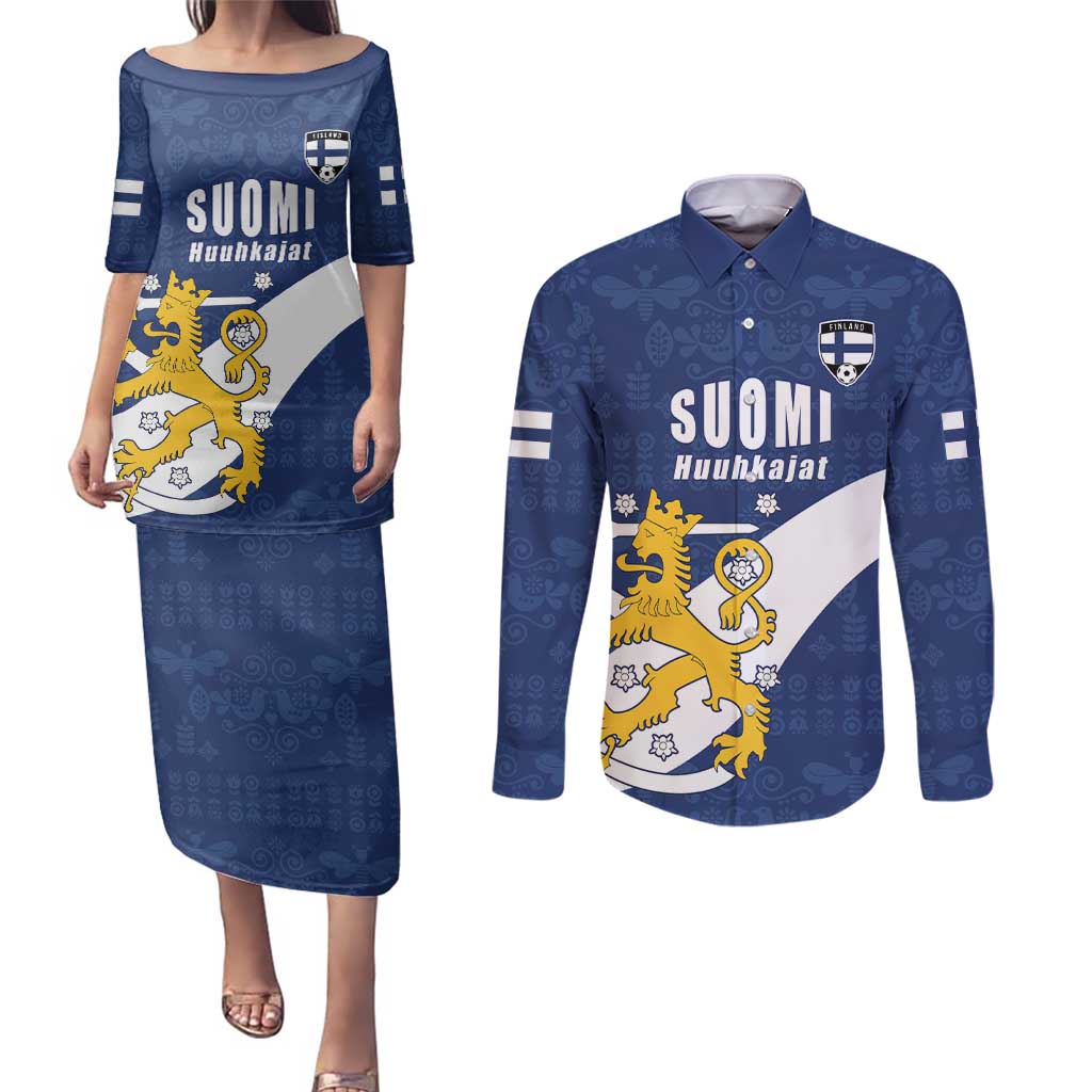Custom Finland Football We are Champions Couples Matching Puletasi and Long Sleeve Button Shirt Huuhkajat with Finnish Folk Paterns