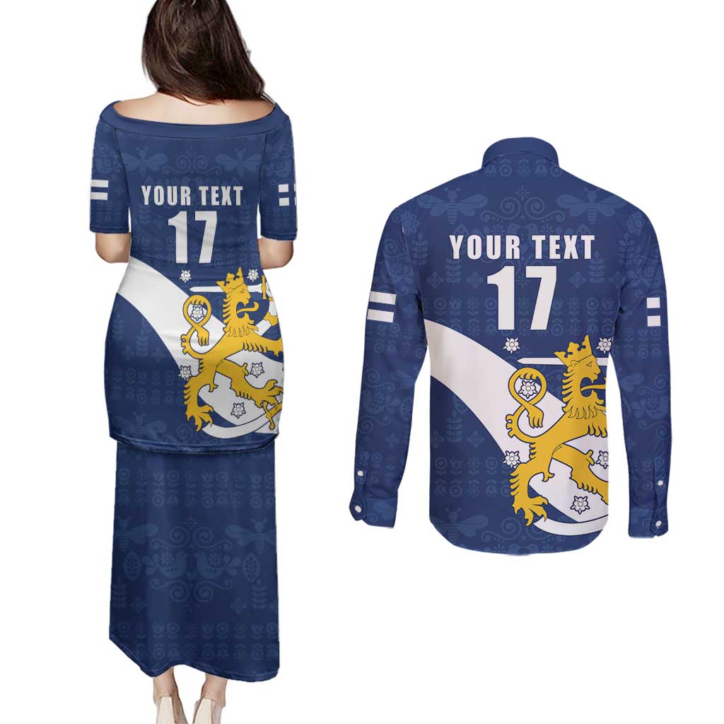 Custom Finland Football We are Champions Couples Matching Puletasi and Long Sleeve Button Shirt Huuhkajat with Finnish Folk Paterns