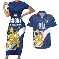 Custom Finland Football We are Champions Couples Matching Short Sleeve Bodycon Dress and Hawaiian Shirt Huuhkajat with Finnish Folk Paterns