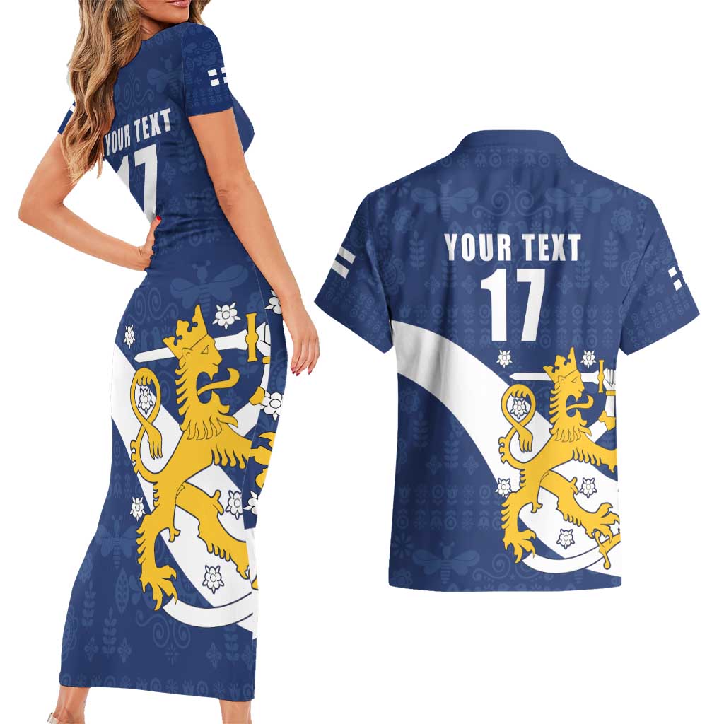 Custom Finland Football We are Champions Couples Matching Short Sleeve Bodycon Dress and Hawaiian Shirt Huuhkajat with Finnish Folk Paterns