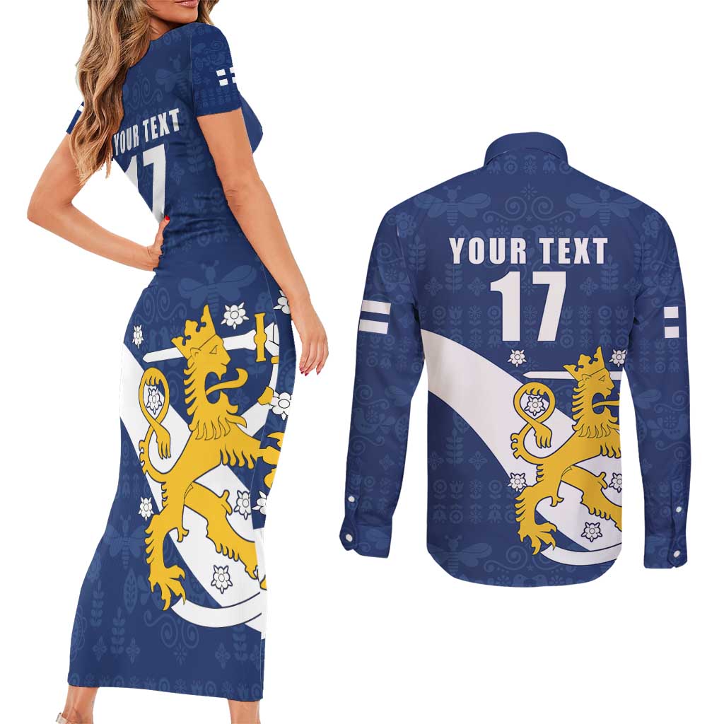 Custom Finland Football We are Champions Couples Matching Short Sleeve Bodycon Dress and Long Sleeve Button Shirt Huuhkajat with Finnish Folk Paterns