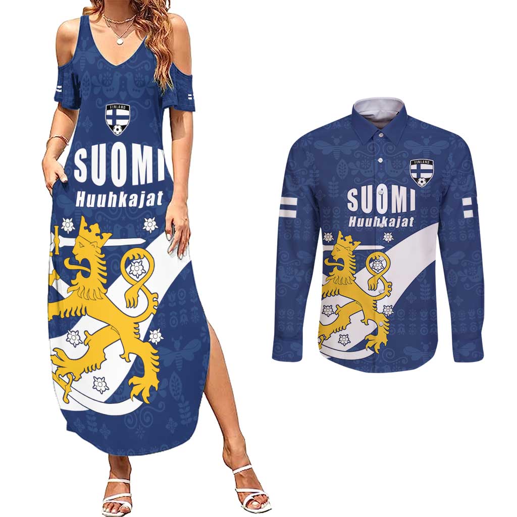 Custom Finland Football We are Champions Couples Matching Summer Maxi Dress and Long Sleeve Button Shirt Huuhkajat with Finnish Folk Paterns