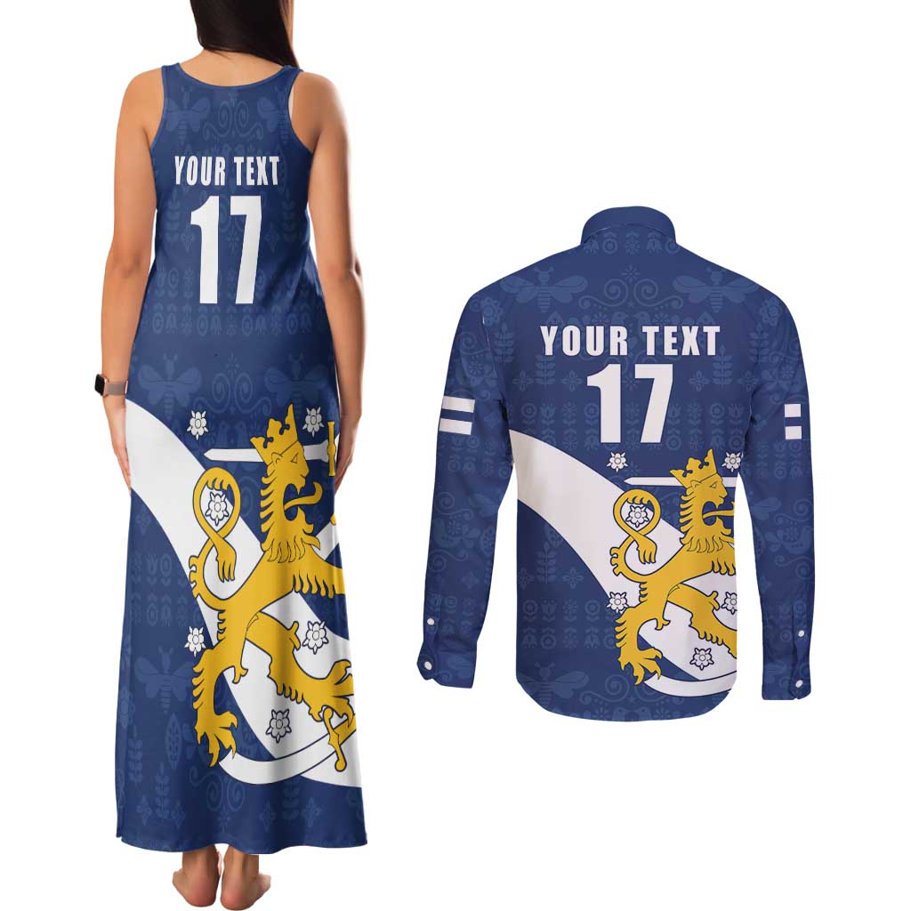 Custom Finland Football We are Champions Couples Matching Tank Maxi Dress and Long Sleeve Button Shirt Huuhkajat with Finnish Folk Paterns