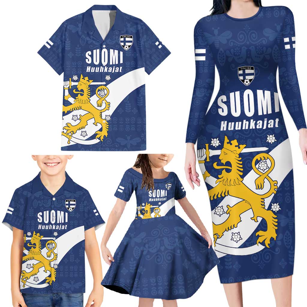 Custom Finland Football We are Champions Family Matching Long Sleeve Bodycon Dress and Hawaiian Shirt Huuhkajat with Finnish Folk Paterns