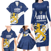 Custom Finland Football We are Champions Family Matching Long Sleeve Bodycon Dress and Hawaiian Shirt Huuhkajat with Finnish Folk Paterns